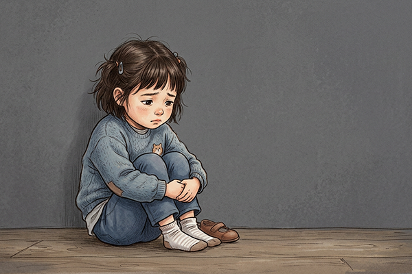 1人で不安そうに座る少女